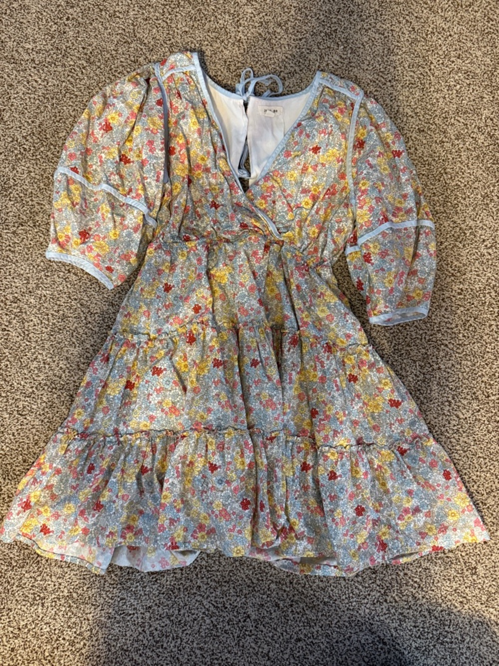 Just Me Light Blue Floral Tiered Dress with Yellow & Red Accents